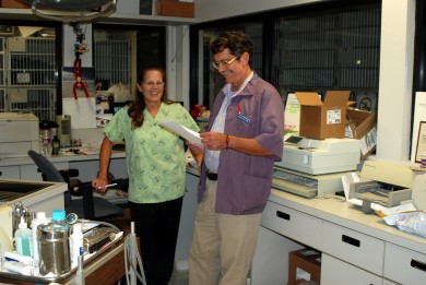 Tracy and Dr. Grimes at Sunnycrest Animal Care Center