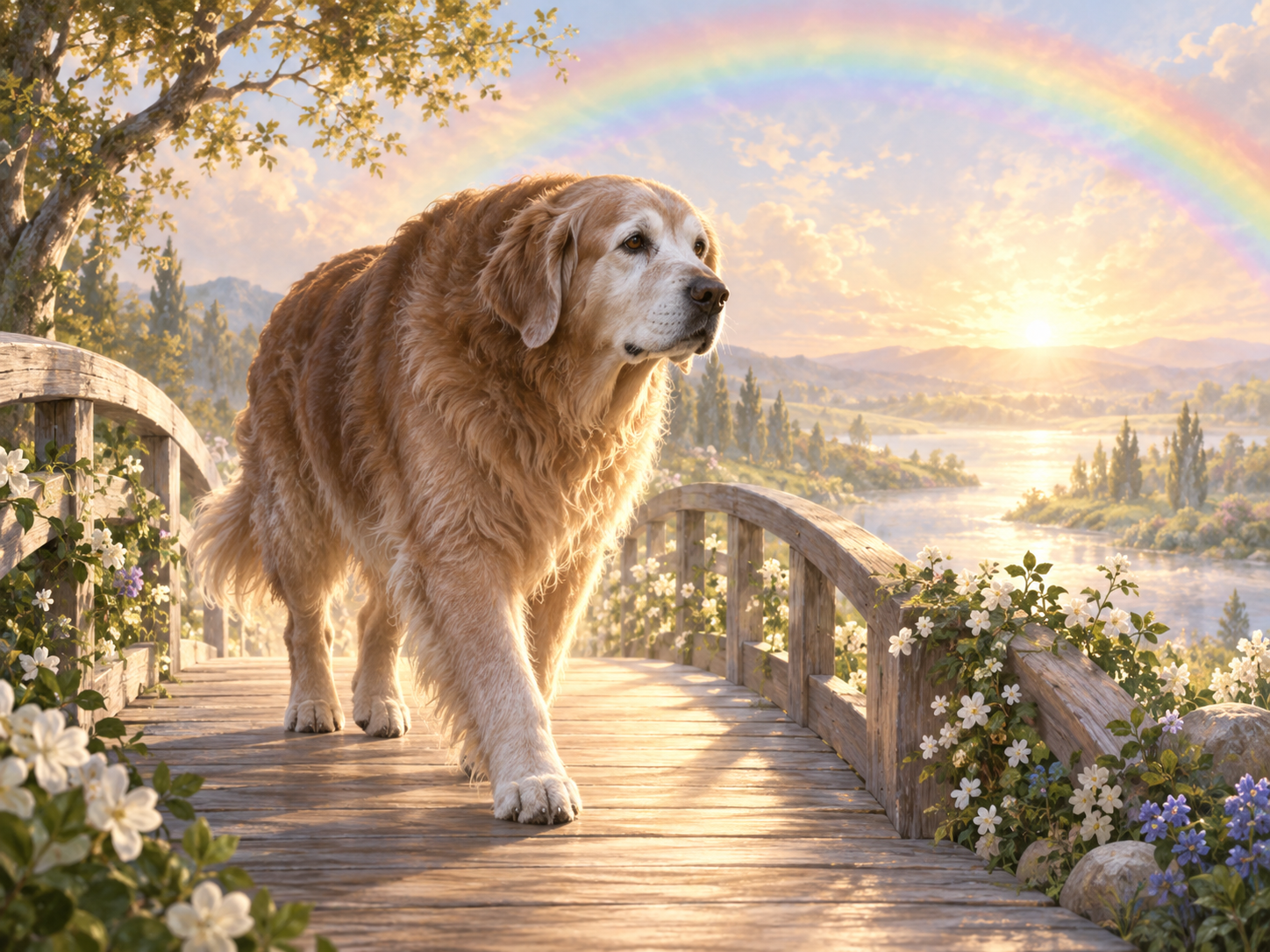 Older dog crossing the Rainbow Bridge